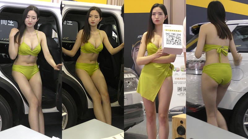 车展绿色比基尼美女车模