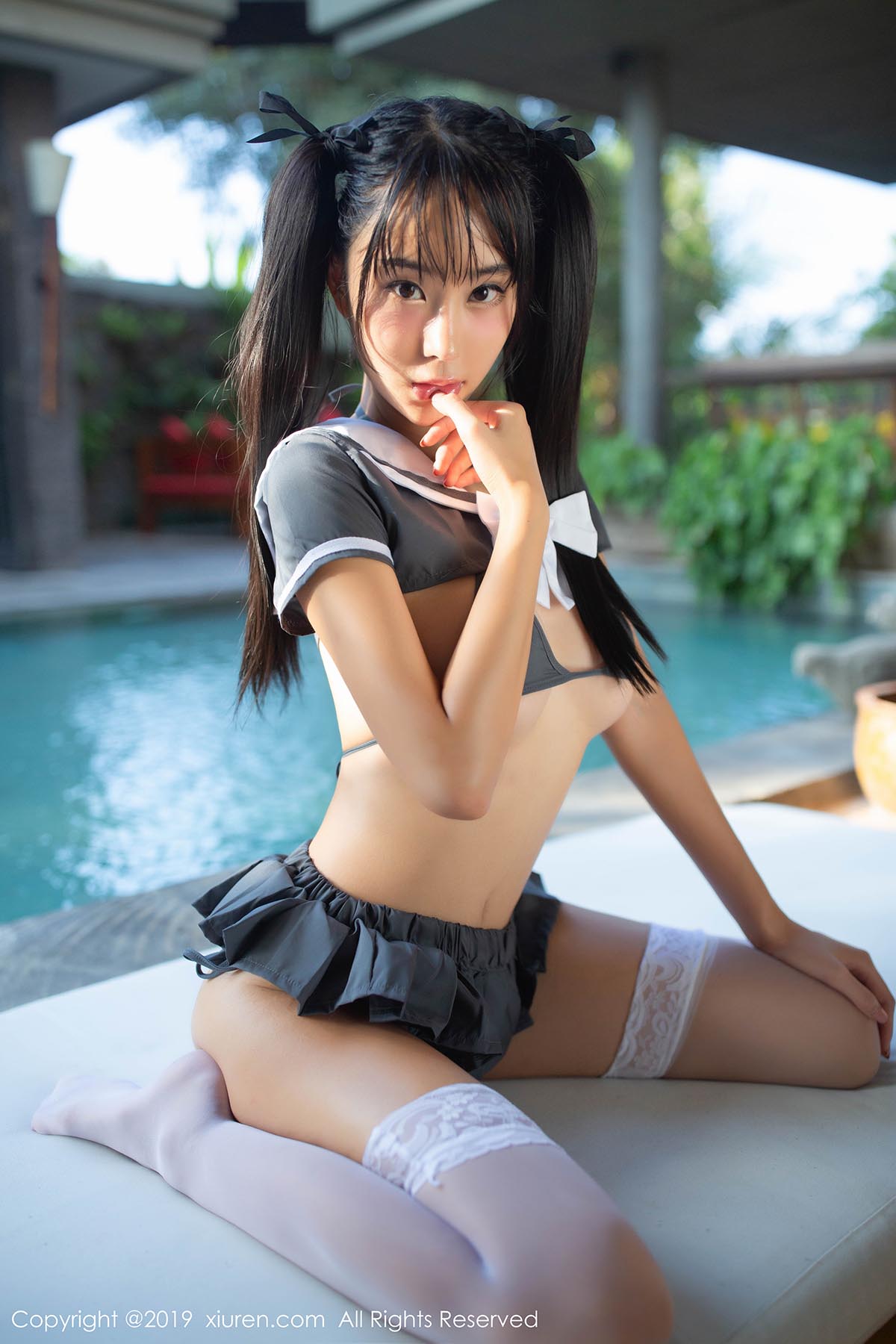 [Xiuren秀人网]XR20190807N01604 NO.1604 双马尾蕾丝三点式内衣 蓝夏Akasha